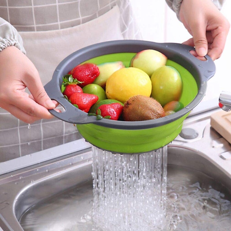 QiMH Collapsible Colander Set of 3-2 PC 4 Quart and 1 PC 6 Quart Over the Sink Colander - Food-Grade Sturdy Plastic Base - Round Space-save Silicone Kitchen Foldable Food Strainer - Image 4